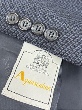 Vintage Aquascutum London Sport Coat Mens 42R Black Blue Wool Flannel Birdseye
